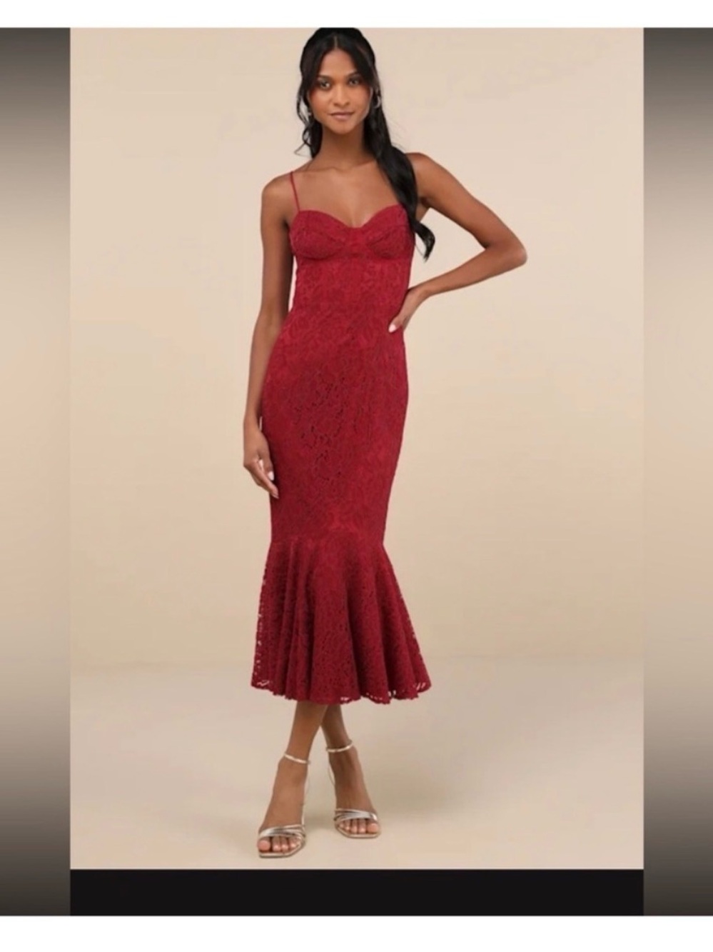 Lulu's Burgundy Lace Mermaid Midi Dress with Sweetheart Neckline